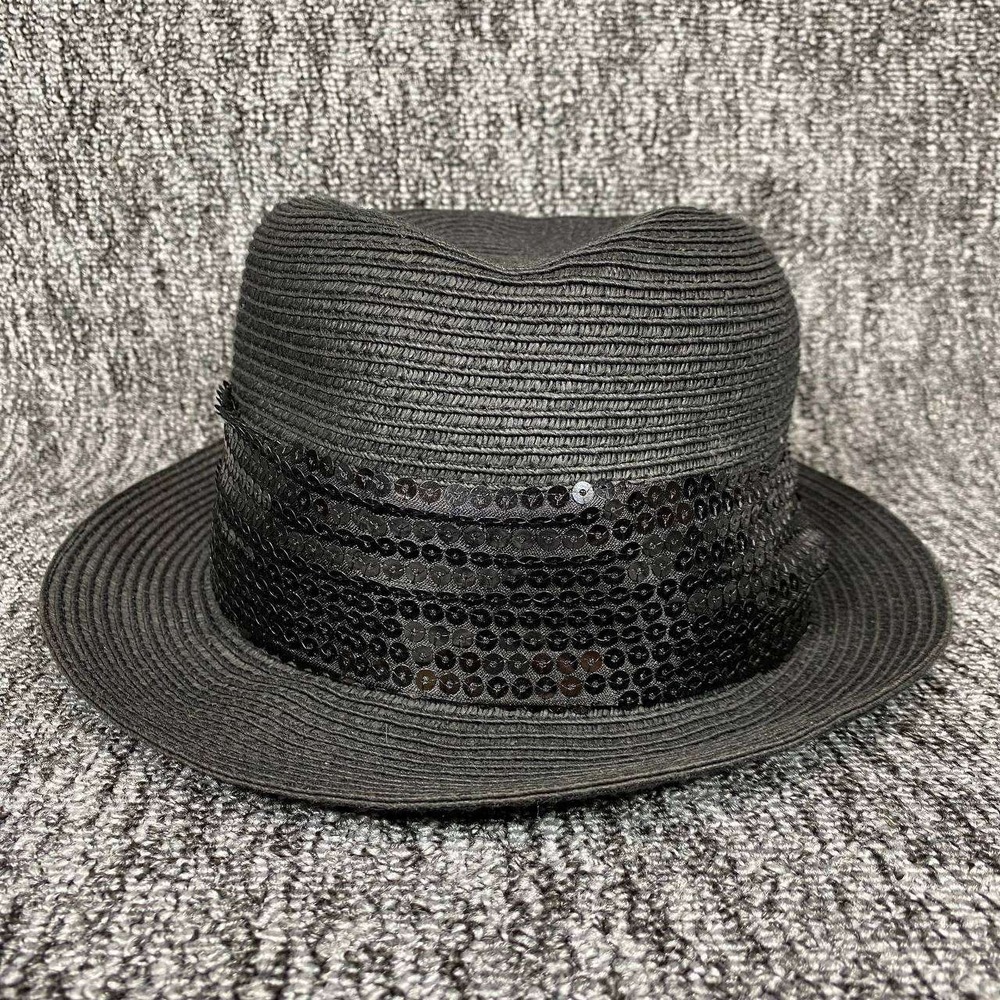 Forever 21 Fedora Hat Womens One Size Black Sequin Band Straw Sun Beach Cap